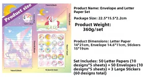 Detailed specs of unicorn stationery set with 50 sheets 50 envelopes and 60 stickers