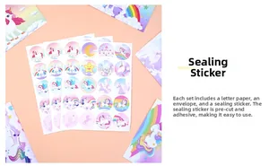 Round unicorn theme envelope seals with colorful rainbow and castle cartoon patterns