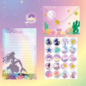 Mermaid stationery set size chart with envelopes, letter paper, and stickers