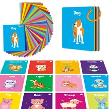 Macro detail of educational animal flashcards with binder ring for toddler early learning