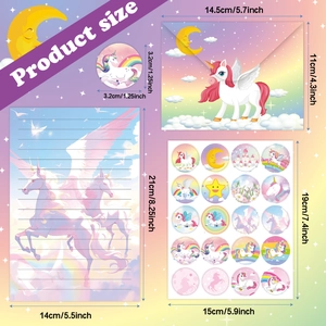 Rainbow unicorn stationery set featuring envelopes, letter papers and stickers with size details