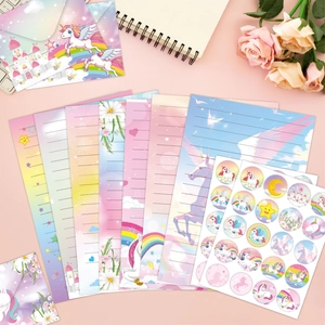 Rainbow unicorn stationery set with 160 pieces including lined paper, envelopes, and stickers
