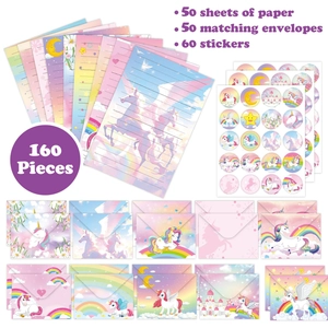 160-piece unicorn stationery set with 50 letter papers, 50 envelopes, and 60 stickers