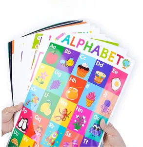 Close-up of educational alphabet posters with colorful cartoon illustrations for kids