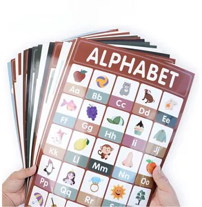 Close-up of stacking bohemian style alphabet educational posters for toddlers early learning