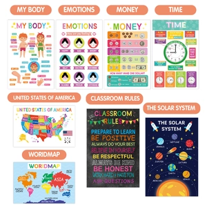 Set of 18 educational English wall posters for kids featuring maps, solar system and more