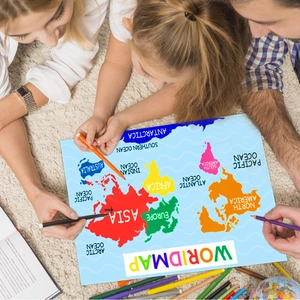 Educational world map poster for kids featuring seven continents and five oceans