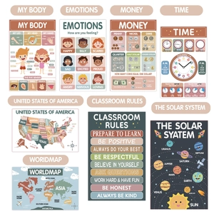 Set of 8 educational posters for kids including world map and solar system charts