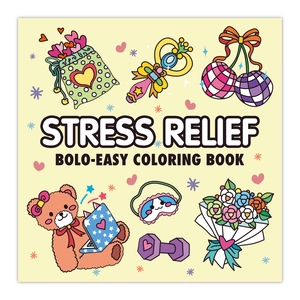 Detailed view of the Stress Relief coloring book cover featuring cute cartoon illustrations
