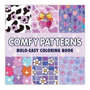 Close-up of Comfy Patterns coloring book cover with vibrant floral and geometric designs