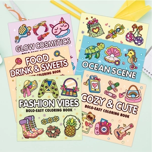 Flat lay of multiple colorful BOLO-EASY coloring books with various cute themes