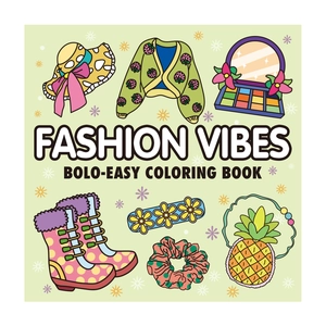 Close-up of Fashion Vibes coloring book cover with trendy clothes and accessories