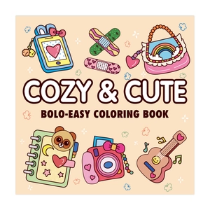 Cover design of Cozy and Cute coloring book featuring pastel illustrations and simple motifs