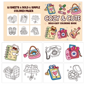 Cozy & Cute coloring book for adults and teens featuring 52 easy bold line illustrations