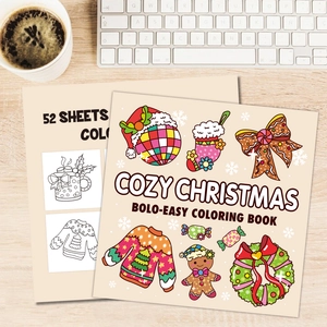 Cozy Christmas easy coloring book with 52 cute illustrations on a wooden desk setup