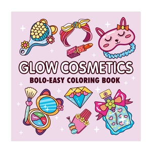 Flat lay of Glow Cosmetics coloring book cover with cute cartoon makeup illustrations