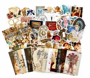 Κοντινό πλάνο με 60 vintage αυτοκόλλητα scrapbooking με κλασική τέχνη και λουλούδια