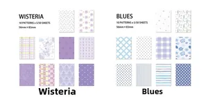 Detailansicht von 50 Blatt Scrapbook-Papier-Set mit lila und blauen floralen Mustern