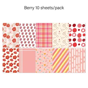 Detailed grid of 10 Berry theme scrapbook papers with floral and plaid patterns