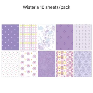 Detailed view of ten purple Wisteria theme scrapbook paper patterns with floral designs