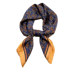 Luxury navy blue silk-like square scarf with gold equestrian chain and bit patterns