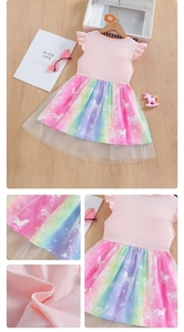 Detail of girl's summer dress with rainbow unicorn print and soft pink ruffle sleeves