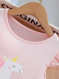 Pink girls cotton dress with cartoon unicorn print and ruffles on sleeves
