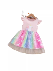 Pink unicorn dress for girls with rainbow tulle skirt and star embroidery details