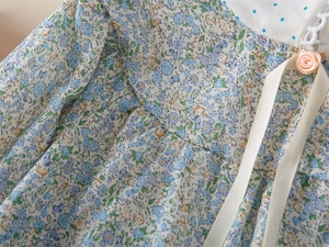 Vue détaillée d'une robe fleurie pour fille avec col à pois et noeud de rose