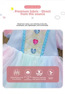 Detail of pink princess dress featuring sequined bodice and colorful rainbow mesh tulle