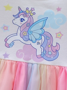 Abito da bambina con unicorno, corpino in cotone bianco e gonna in tulle sfumato colorato