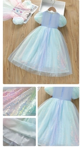 Detail of glittery sequins on multi-layer mesh pink princess dress for little girls