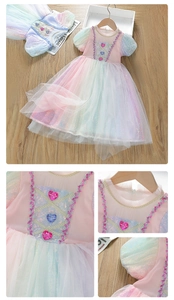 Detail of girls' rainbow tulle dress with heart-shaped gems and sequin embroidery