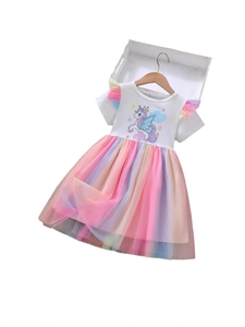 Abito da principessa unicorno bianco a maniche corte con gonna in tulle arcobaleno