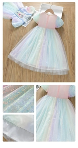 Close-up of rainbow gradient mesh fabric with shimmering sequins and pearl collar detail