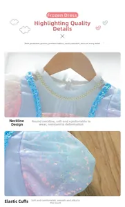 Detail of round neckline and elastic cuffs on pink and blue sequin tulle princess dress
