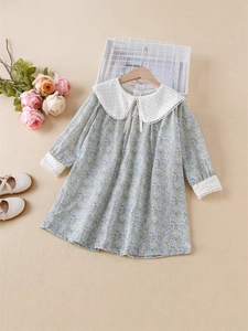 Robe Fleurie Fille Manches Longues Mélange Coton Col Claudine Bordure Dentelle Manches Bouffantes Princesse Ligne A Automne