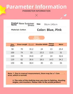 Detailed size chart for girls summer cotton tulle princess dress with measurements