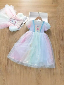 Girls Princess Dress Rainbow Sequin Mesh Tulle Heart Decor Bubble Sleeve Gradient Summer Party Clothing Cotton Lined