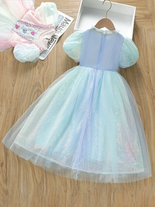 Elegant light blue girls tulle princess dress with sparkling sequins and puff sleeves