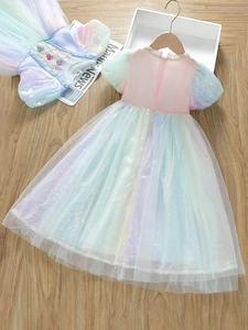 Pink rainbow gradient tulle princess dress for girls with sequins and puff sleeves