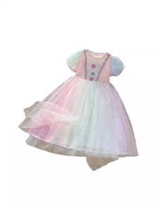 Girl pink rainbow tulle princess dress with sequin heart and blue puff sleeves
