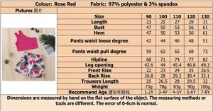 Detailed size chart for girl's rose red vest and tropical floral shorts clothing set