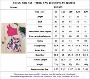 Tabella taglie dettagliata per set bambina con gilet rosa e pantaloncini a fiori
