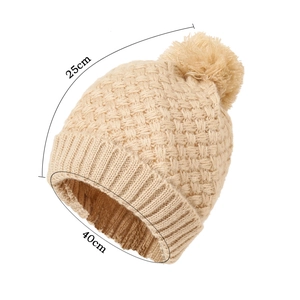 Winter fleece-lined knit beanie in beige with a fluffy pompom, 25cm high and 40cm wide