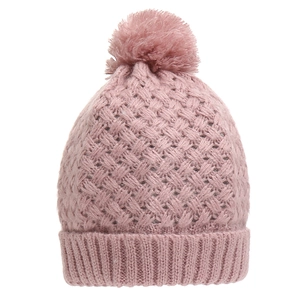 Detail of pink knitted beanie featuring a fluffy pom-pom and thick textured woven pattern