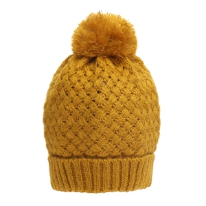 Detailed knit texture of ginger yellow winter beanie with large fluffy faux fur pompom