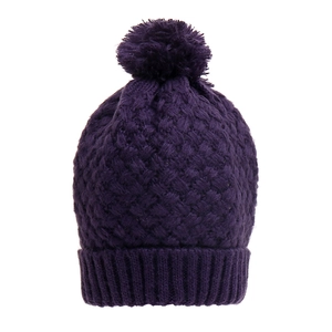 Detail of dark purple knit beanie with plush pompom and textured woven patterns