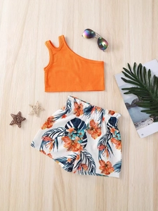 Girl's orange one-shoulder rib knit top and floral tropical print shorts summer set