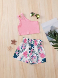 Girls' summer set featuring pink one-shoulder ribbed top and tropical floral print shorts